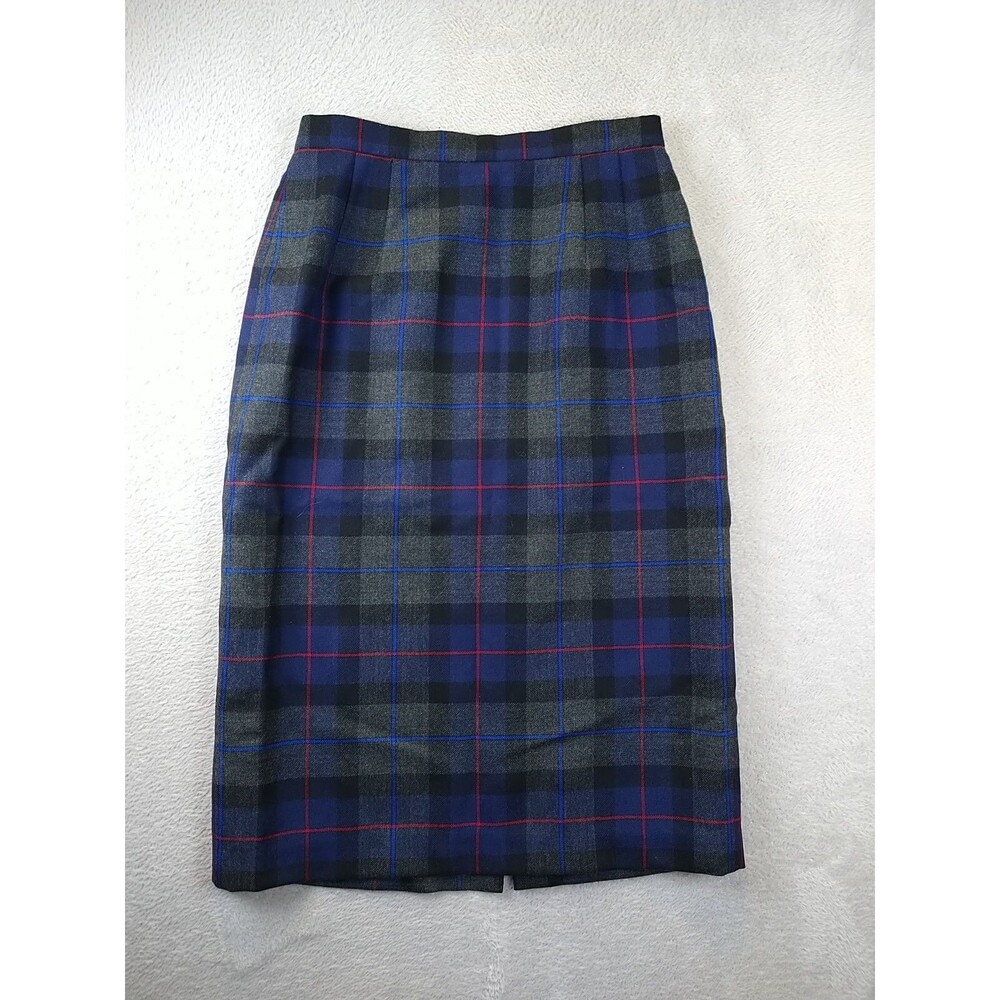 Vintage Talbots Petites Women's 8P Wool Pencil Skirt Plaid Blue Gray Lined